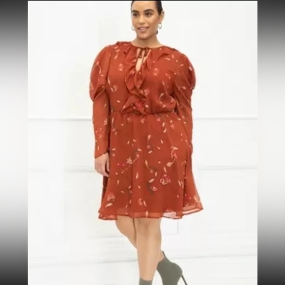 Eloquii Dress Women Size 26 Floral Ruffled Burnt Orange Puff Long Sleeve J - Picture 1 of 9